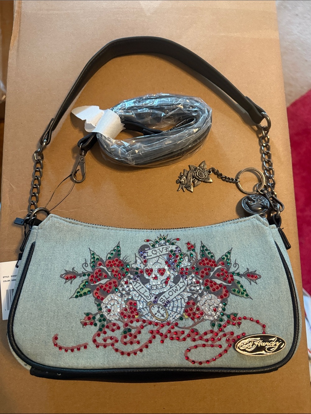 Ed Hardy Light Blue Embroidered Crossbody Bag with Red Accents